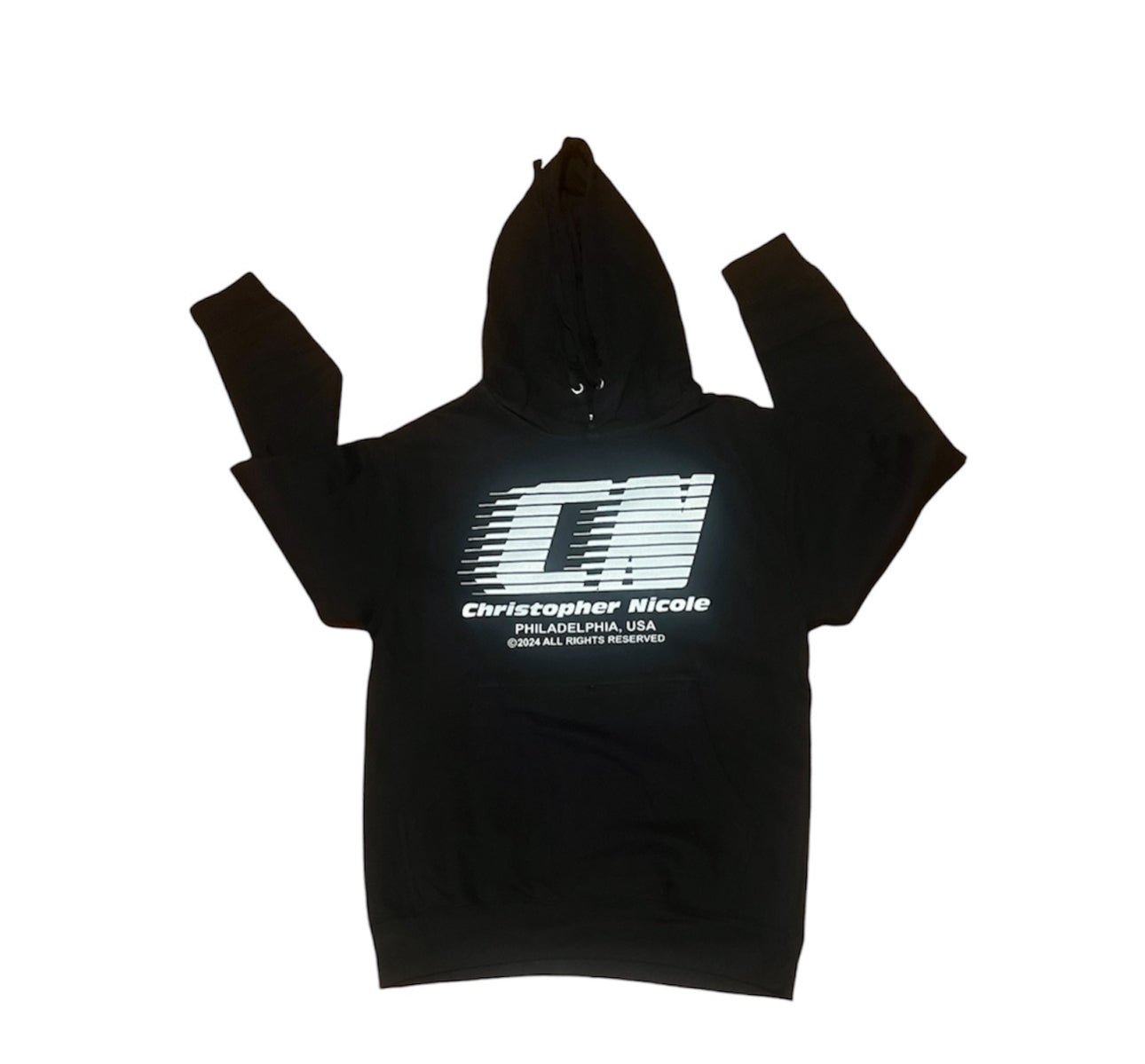 Glow n the dark reflective Christopher Nicole mid weight black hoodie.