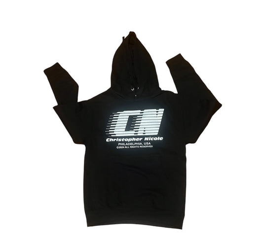 Glow n the dark reflective Christopher Nicole mid weight black hoodie.